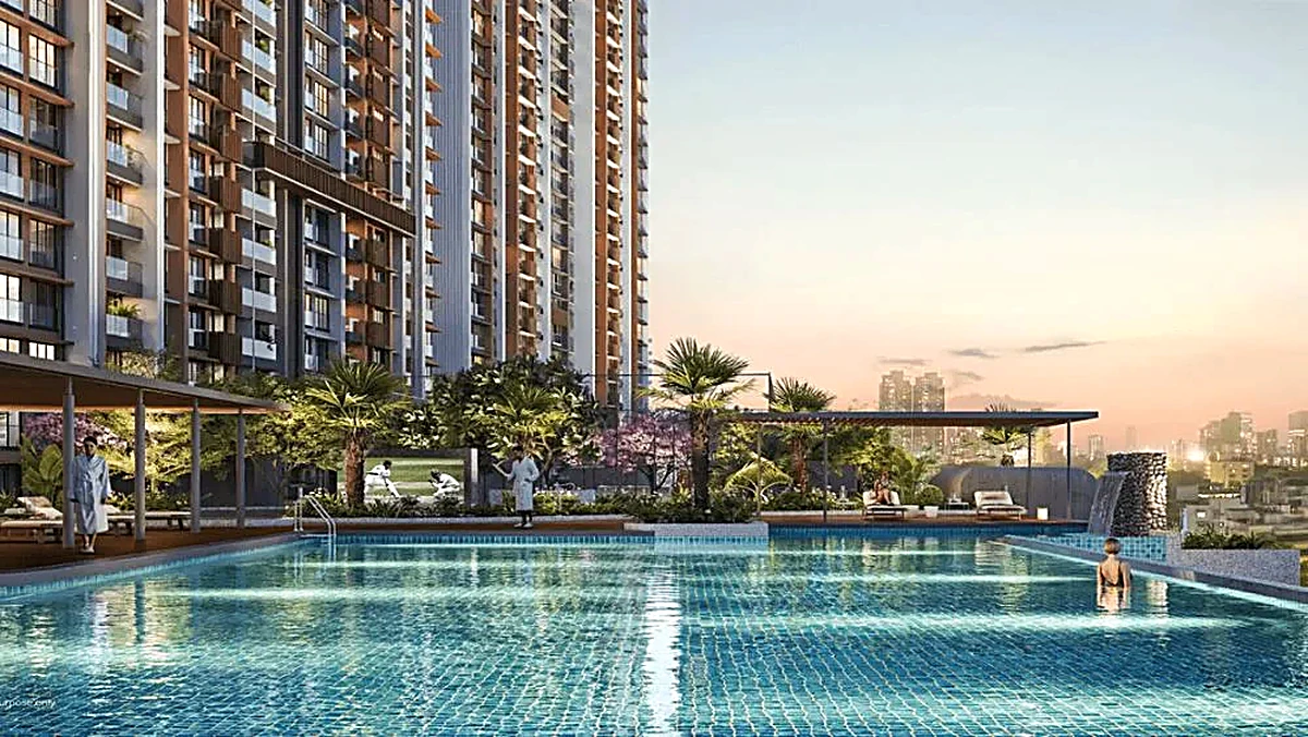 Godrej Alira pool deck at sunset